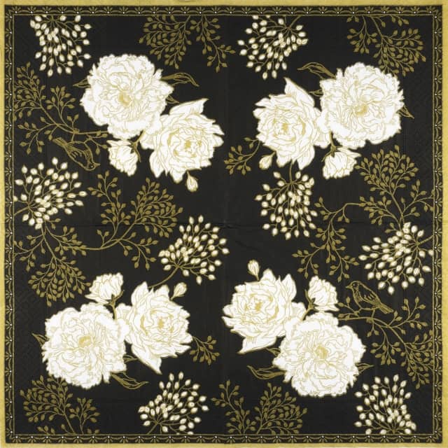 Paper Napkin - White Flowers on a black background