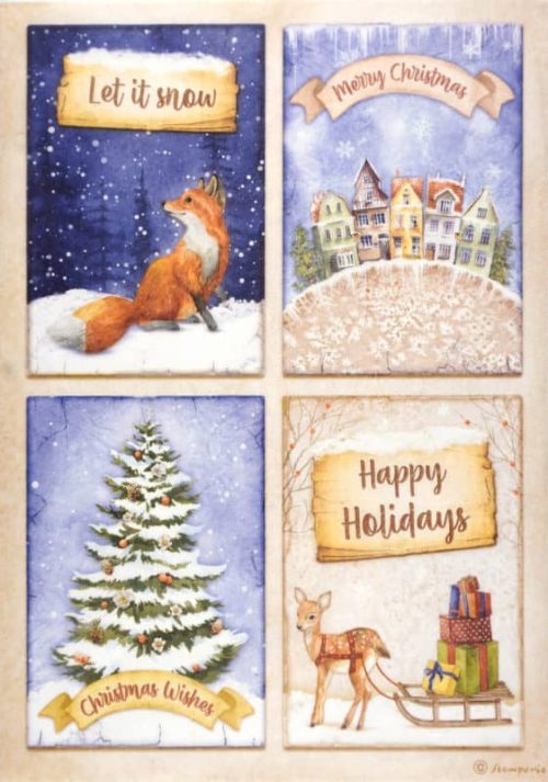 Stamperia Rice Paper A4 - Winter Valley 4 Cards Fox DFSA4802