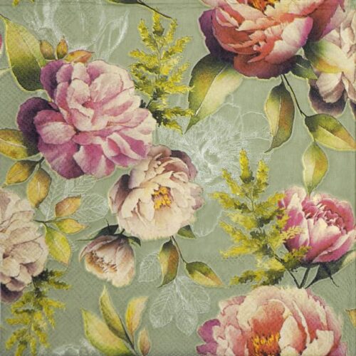 Paper Napkin - Peonies Composition green