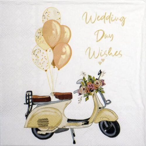 a paper napkin with a scooter and balloons