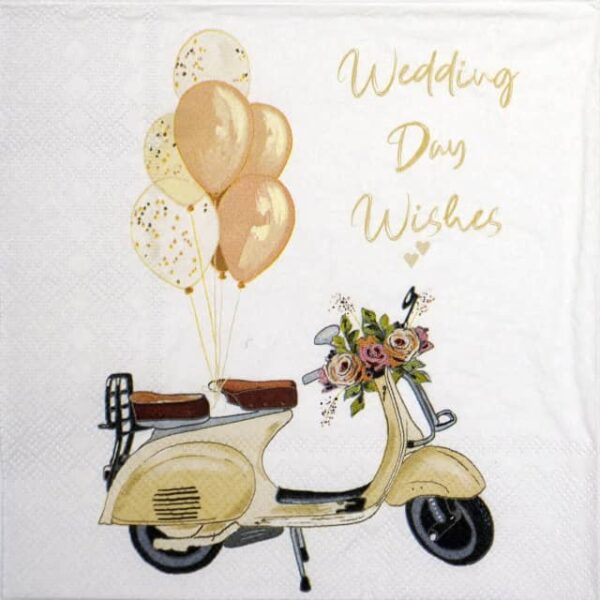 a paper napkin with a scooter and balloons