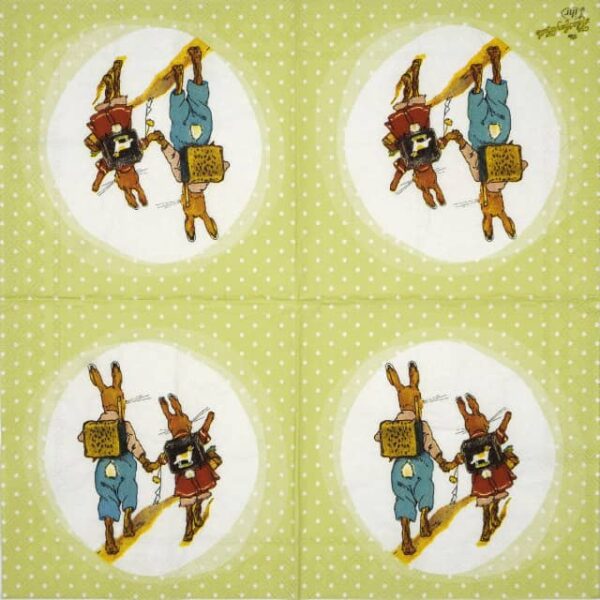 Paper Napkin - two bunnies going to school green