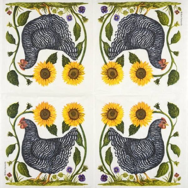 The image shows an embroidered design of a black and white chicken walking to the left. The chicken is surrounded by green foliage, with two large sunflowers above and small purple flowers below. The background is plain white fabric.