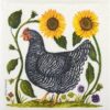 embroidered design of a black and white chicken walking to the left. The chicken is surrounded by green foliage, with two large sunflowers above and small purple flowers below. The background is plain white fabric.