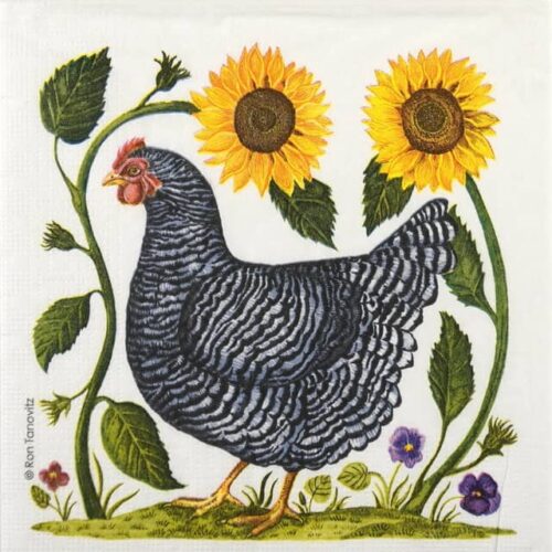 embroidered design of a black and white chicken walking to the left. The chicken is surrounded by green foliage, with two large sunflowers above and small purple flowers below. The background is plain white fabric.