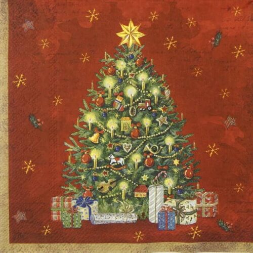 Single Decoupage Napkin - Festive Tree red