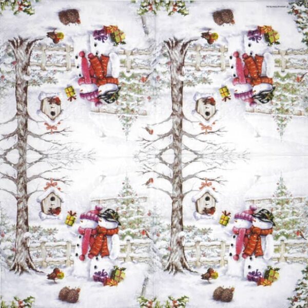 Single Decoupage Napkin - Snowmen bringing gifts