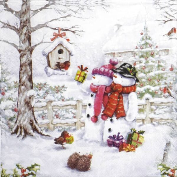 Single Decoupage Napkin - Snowmen bringing gifts