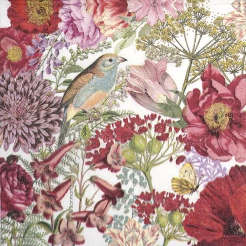 Paper Napkin - Red flowers and birds