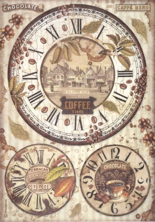 Stamperia Rice Paper A4 - Coffee and Chocolate - Clocks - DFSA4823