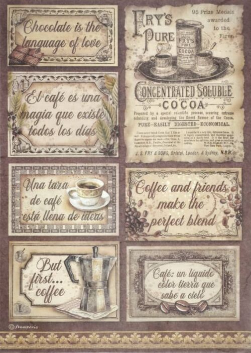 Stamperia Rice Paper A4 - Coffee and Chocolate - Labels - DFSA4826