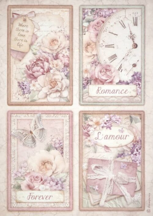 Stamperia Rice Paper A4 - Romance Forever - 4 Cards - DFSA4833