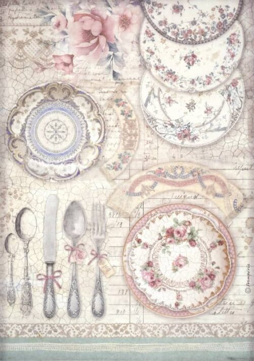 Stamperia Rice Paper A4 - Brocante Antiques - Ceramic Plates - DFSA48556