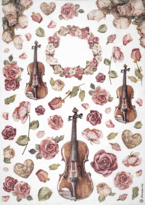 Stamperia Rice Paper A4 - Violins and Roses - DFSA4900