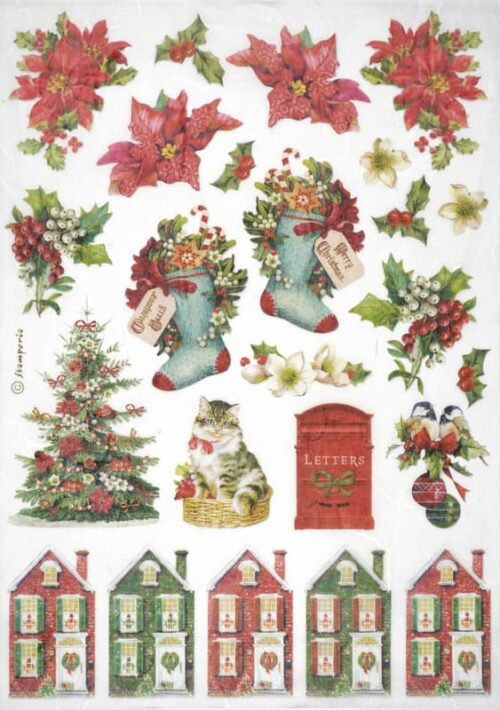 Stamperia Rice Paper A4 - Classic Christmas - Socks and Houses - DFSA4918