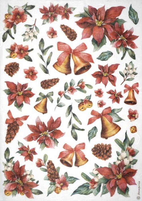 Stamperia Rice Paper A4 - Classic Christmas - Classic Christmas - Poinsettia and Bells - DFSA4921