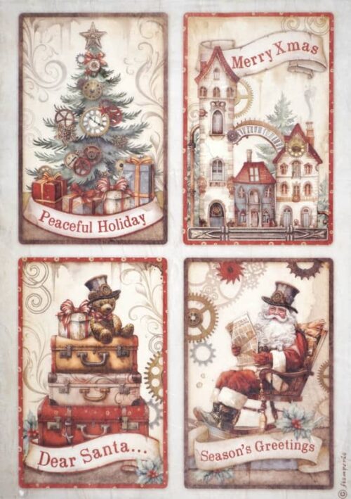 Stamperia Rice Paper A4 - Gear up for Christmas - 4 Cards - DFSA4935