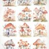 Whimsical watercolor illustrations of mushroom houses and gnome characters with floral accents. Perfect for fantasy-themed crafts and decorations