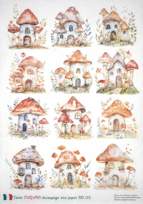 Whimsical watercolor illustrations of mushroom houses and gnome characters with floral accents. Perfect for fantasy-themed crafts and decorations