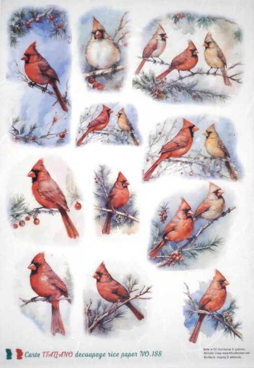 Decoupage paper featuring vibrant red cardinals on snowy branches with pine needles and berries. Perfect for festive crafts and decorations