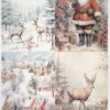 Decoupage paper featuring Christmas-themed illustrations: reindeer in snowy landscapes, Santa Claus with gifts, and a snowy village scene. Perfect for holiday crafts and decorations