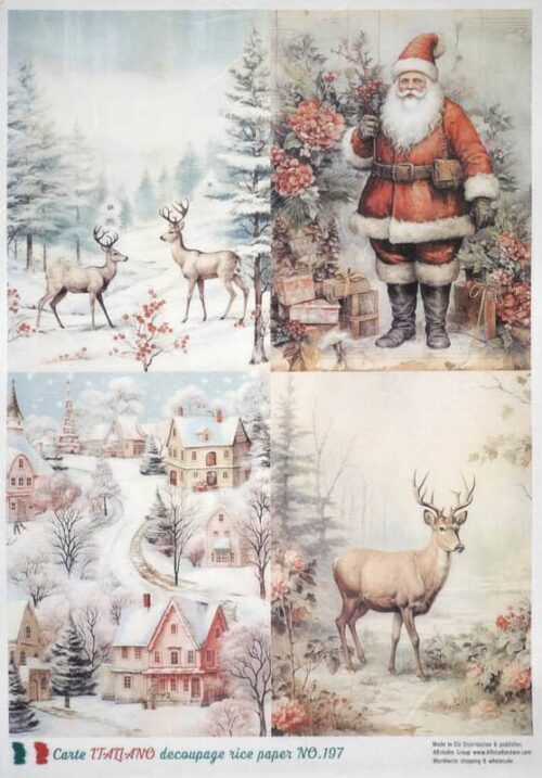 Decoupage paper featuring Christmas-themed illustrations: reindeer in snowy landscapes, Santa Claus with gifts, and a snowy village scene. Perfect for holiday crafts and decorations