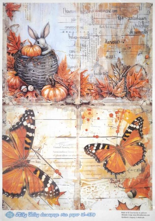 AB Studio Decoupage Rice Paper  A/4 - Autumn Whimsy - Butterflies, Bunnies, Leaves & Pumpkins