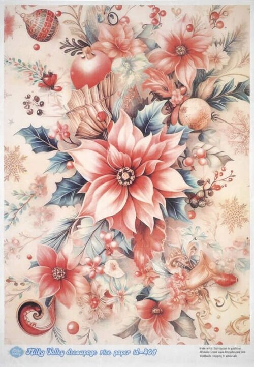 AB Studio Decoupage Rice Paper  A/4 - Stilly Valley Floral - Red Flower & Balloon Design