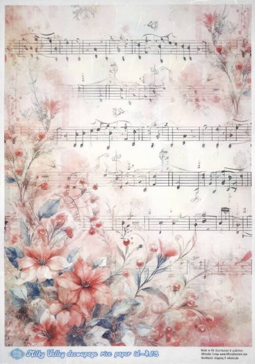 AB Studio Decoupage Rice Paper A/4 - Music Notes & Floral Design 412MV