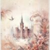 Vintage-style paper with a fantasy castle, floral elements, and a bird in flight. Ideal for crafting and scrapbooking.