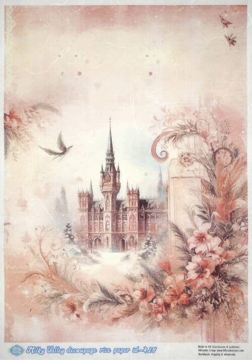 Vintage-style paper with a fantasy castle, floral elements, and a bird in flight. Ideal for crafting and scrapbooking.