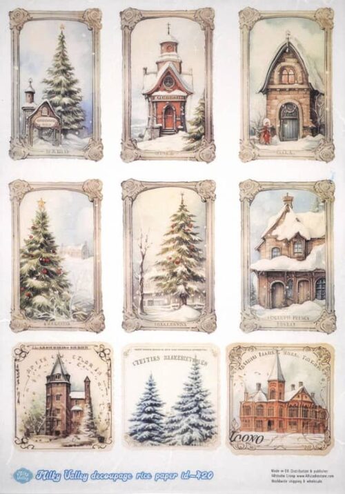 Collection of vintage holiday cards with winter scenes, ornate borders, and classic designs. Ideal for festive crafts and decorations