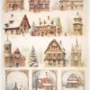 Collection of nine vintage-style house illustrations with snowy backgrounds, showcasing unique architectural features. Ideal for festive crafts and decorations.