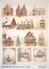 Collection of nine vintage-style house illustrations with snowy backgrounds, showcasing unique architectural features. Ideal for festive crafts and decorations.