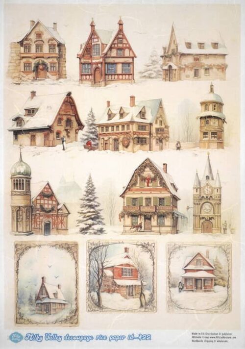 Collection of nine vintage-style house illustrations with snowy backgrounds, showcasing unique architectural features. Ideal for festive crafts and decorations.