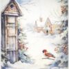 Snowy landscape with a red cardinal perched on a branch, a vintage post box, and a church in the background. Perfect for seasonal crafts and decorations