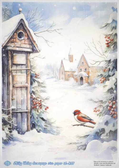 Snowy landscape with a red cardinal perched on a branch, a vintage post box, and a church in the background. Perfect for seasonal crafts and decorations