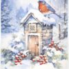 Watercolor painting of a snowy stone cottage with a red robin perched on a branch and red berries in the foreground. Perfect for winter-themed art and gifts.