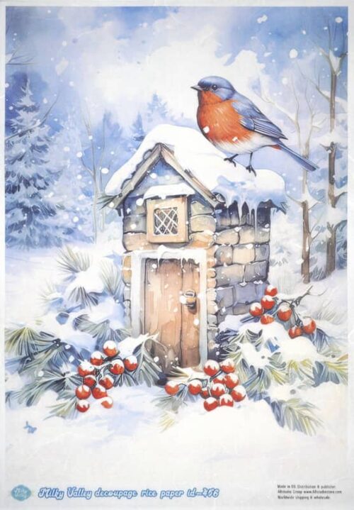 Watercolor painting of a snowy stone cottage with a red robin perched on a branch and red berries in the foreground. Perfect for winter-themed art and gifts.