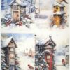 Four paintings of vibrant red-breasted birds perched on snow-covered birdhouses, with serene winter backdrops. Perfect for seasonal crafts and decorations