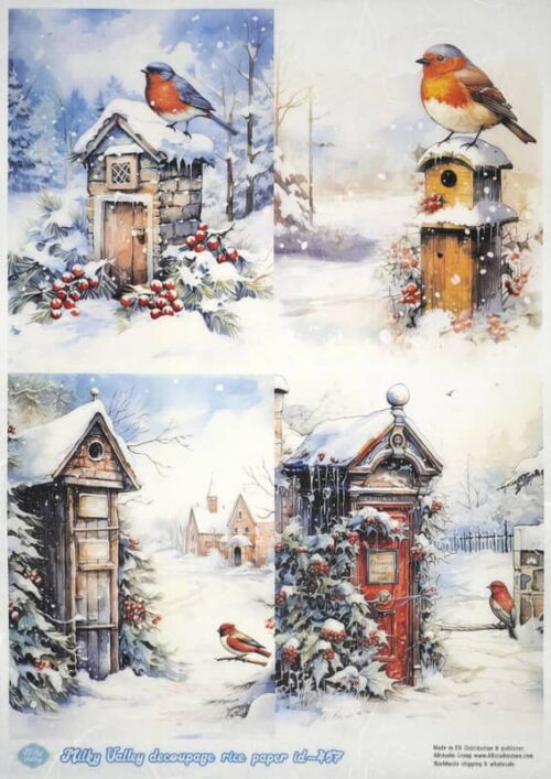 Four paintings of vibrant red-breasted birds perched on snow-covered birdhouses, with serene winter backdrops. Perfect for seasonal crafts and decorations