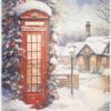 A vibrant red telephone booth stands out against a snowy winter scene with snow-covered trees and a quaint house in the background, evoking a warm, festive atmosphere