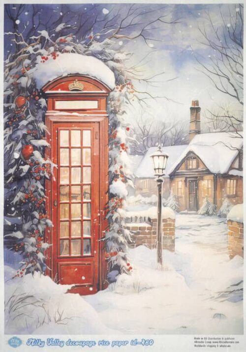 A vibrant red telephone booth stands out against a snowy winter scene with snow-covered trees and a quaint house in the background, evoking a warm, festive atmosphere