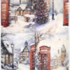 Four-panel artwork depicting traditional red telephone booths in various snowy winter scenes, with festive decorations and architecture, evoking a warm holiday spirit