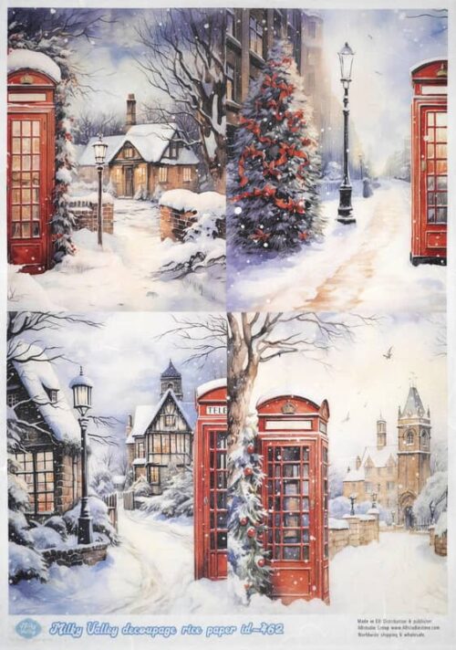 Four-panel artwork depicting traditional red telephone booths in various snowy winter scenes, with festive decorations and architecture, evoking a warm holiday spirit