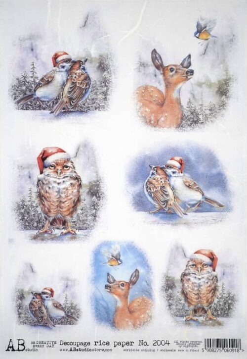 AB Studio Decoupage Rice Paper  A/4 - Winter Birds and Deer Design