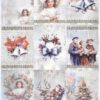 A sheet of vintage-style holiday-themed decoupage rice paper featuring various Christmas imagery such as angels, floral arrangements, a couple in traditional attire, a rocking horse, and a decorated tree