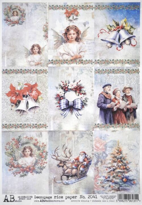 A sheet of vintage-style holiday-themed decoupage rice paper featuring various Christmas imagery such as angels, floral arrangements, a couple in traditional attire, a rocking horse, and a decorated tree