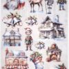 Christmas-themed decoupage rice paper featuring Santa Claus, reindeer, nutcrackers, bells with holly, snowy house scene, and filled stocking