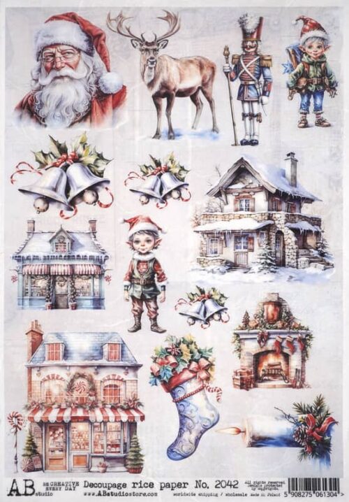 Christmas-themed decoupage rice paper featuring Santa Claus, reindeer, nutcrackers, bells with holly, snowy house scene, and filled stocking